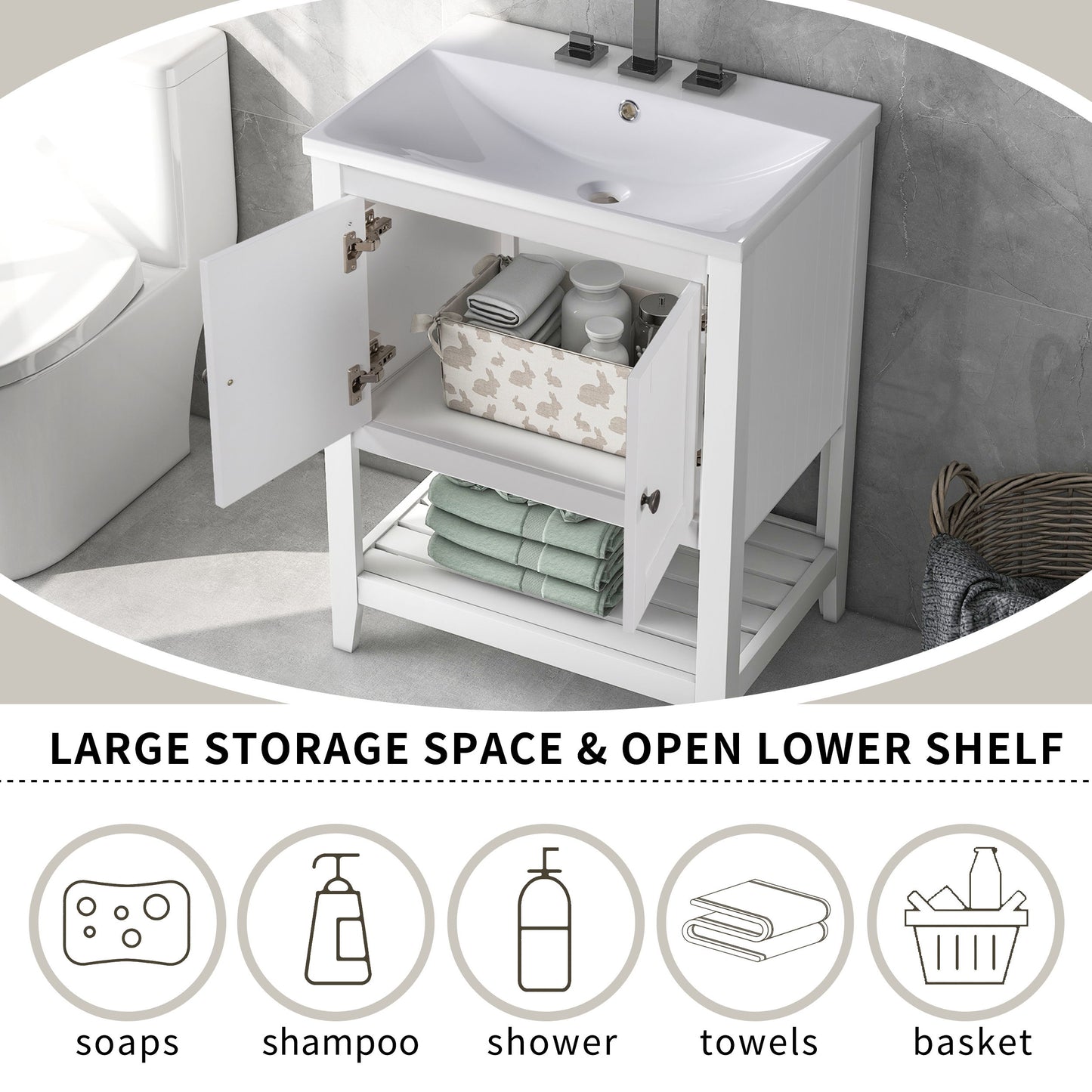 Bathroom Vanity Base Only, Soild Wood Frame, Bathroom Storage Cabinet With Doors And Open Shelf