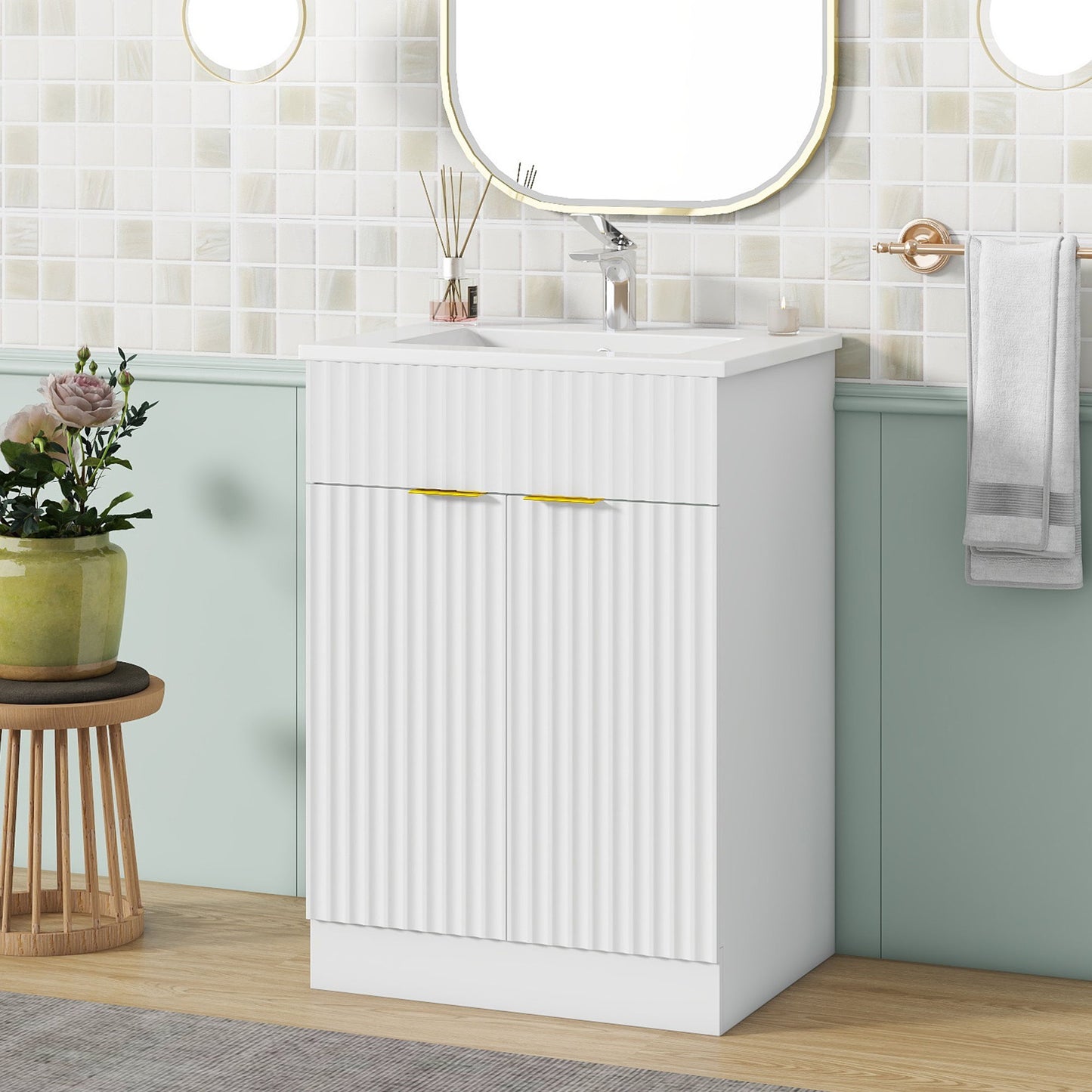 Modern Bathroom Vanity For Small Bathroom, storage Cabinet With Ceramic Sink - White