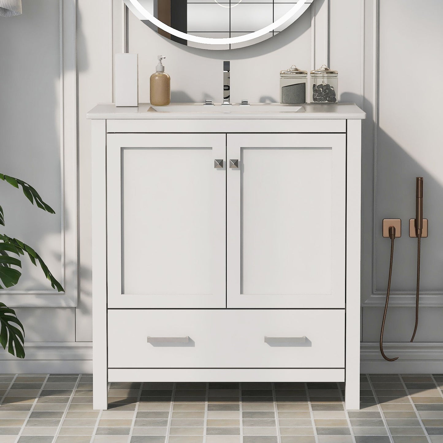 Bathroom Vanity With Single Sink, Combo Cabinet Undermount Sink, Bathroom Storage Cabinet With Two Doors And A Drawer, Soft Closing, Multifunctional Storage, Solid Wood Frame