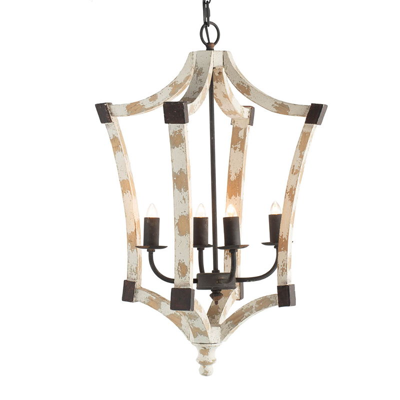 4 Light Wood Chandelier, Hanging Light Fixture With Adjustable Chain For Kitchen Dining Room Foyer Entryway, Bulb Not Included - Cream