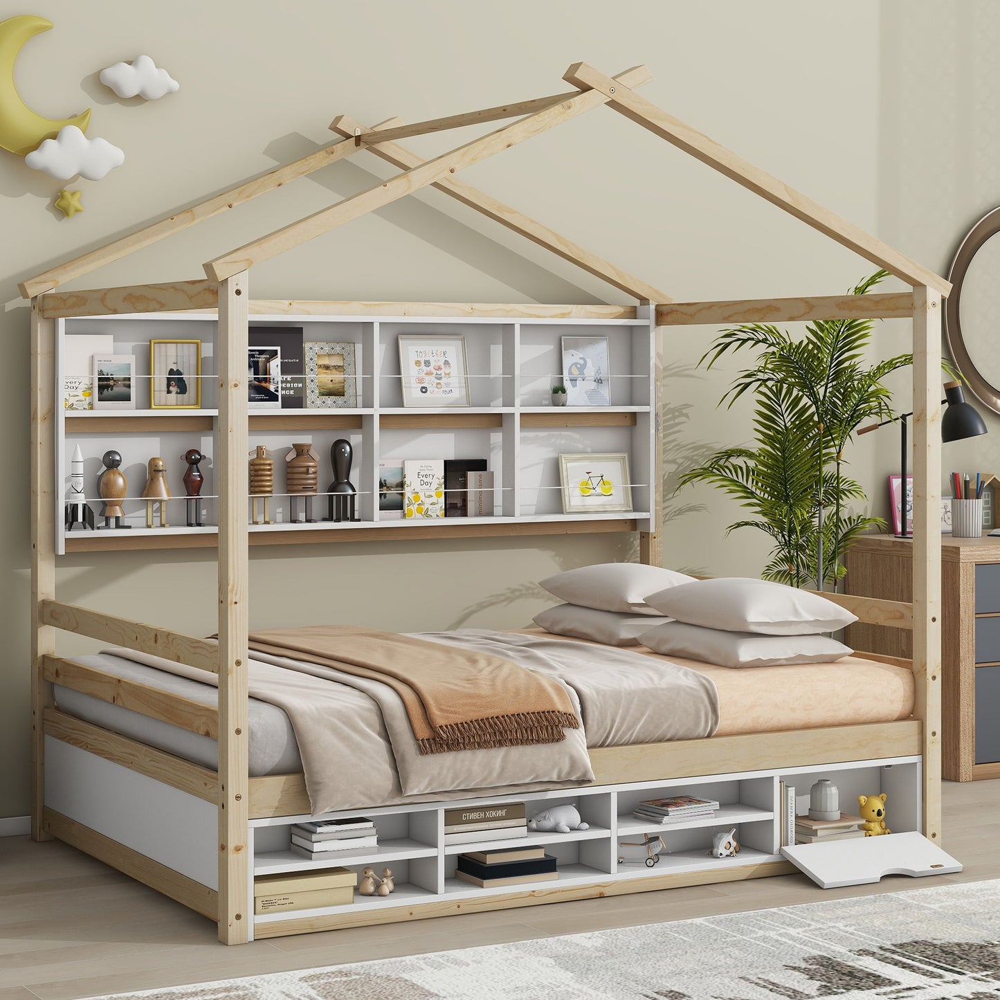 House Bed With Roof Frame, Bedside-Shelves, Under Bed Storage Unit