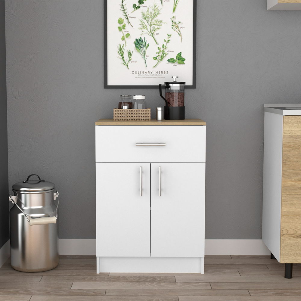 Pantry Organizer Cabinet One Drawer, Two Interior Shelves, Two Doors - White / Light Oak