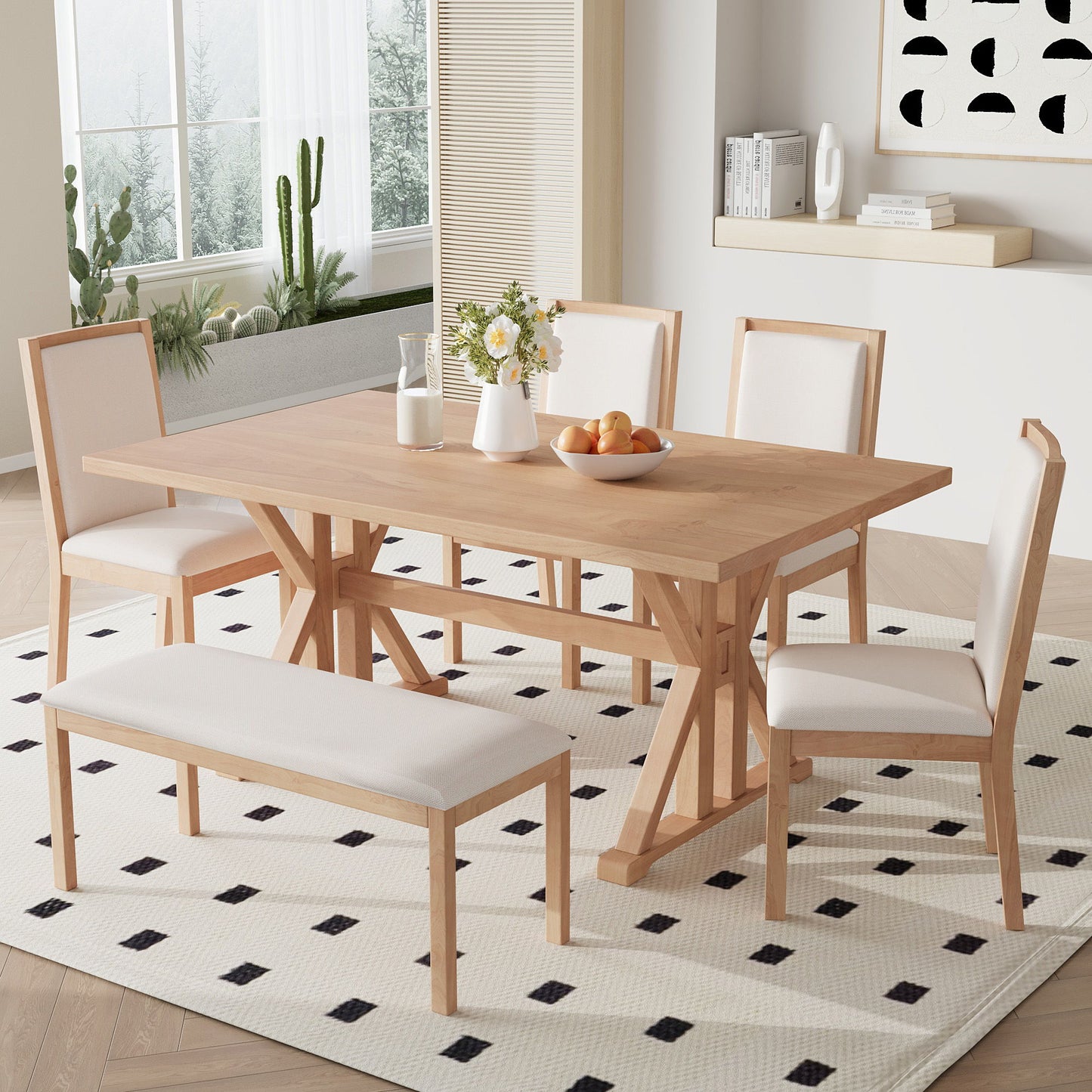 Topmax - 6 Piece Farmhouse Classical Dining Table Set With Trestle Legs, Kitchen Table Set For 6 With 4 Upholstered Dining Chairs And Bench