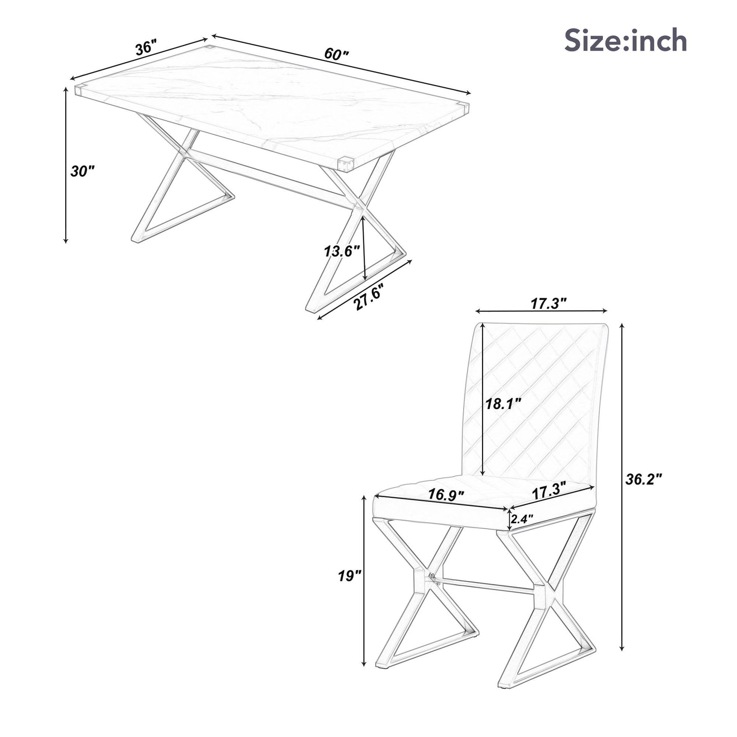 7 Piece Modern Dining Table Set, Rectangular Marble Texture Kitchen Table And 6 Chairs With X-Shaped Gold Steel Pipe Legs For Dining Room - White