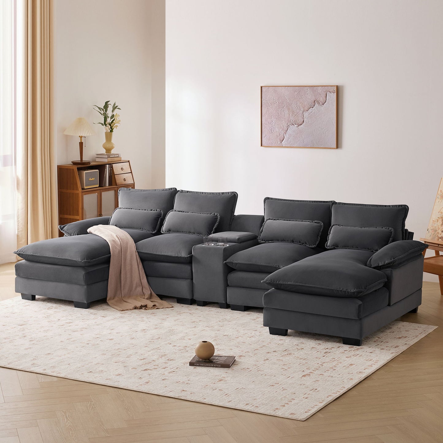 Modern U-Shaped Sofa With Console, Cupholders And USB Ports, 6 Seat Upholstered Symmetrical Indoor Furniture, Sleeper Couch Set With Chaise For Living Room