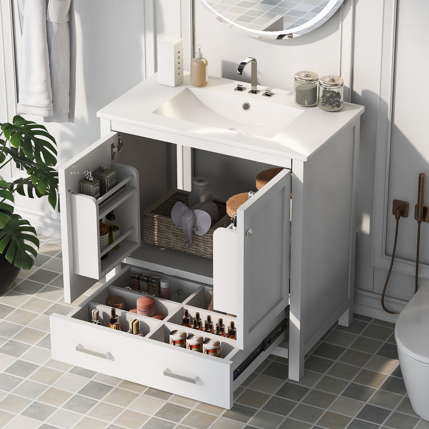 Bathroom Vanity With Single Sink, Combo Cabinet Undermount Sink, Bathroom Storage Cabinet With Two Doors And A Drawer, Soft Closing, Multifunctional Storage, Solid Wood Frame