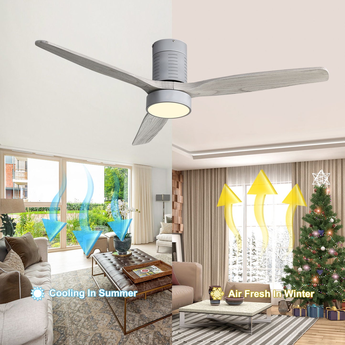 52" Indoor Flush Mount Ceiling Fan With 3 Solid Wood Blades Remote Control Reversible Dc Motor With LED Light - Gray