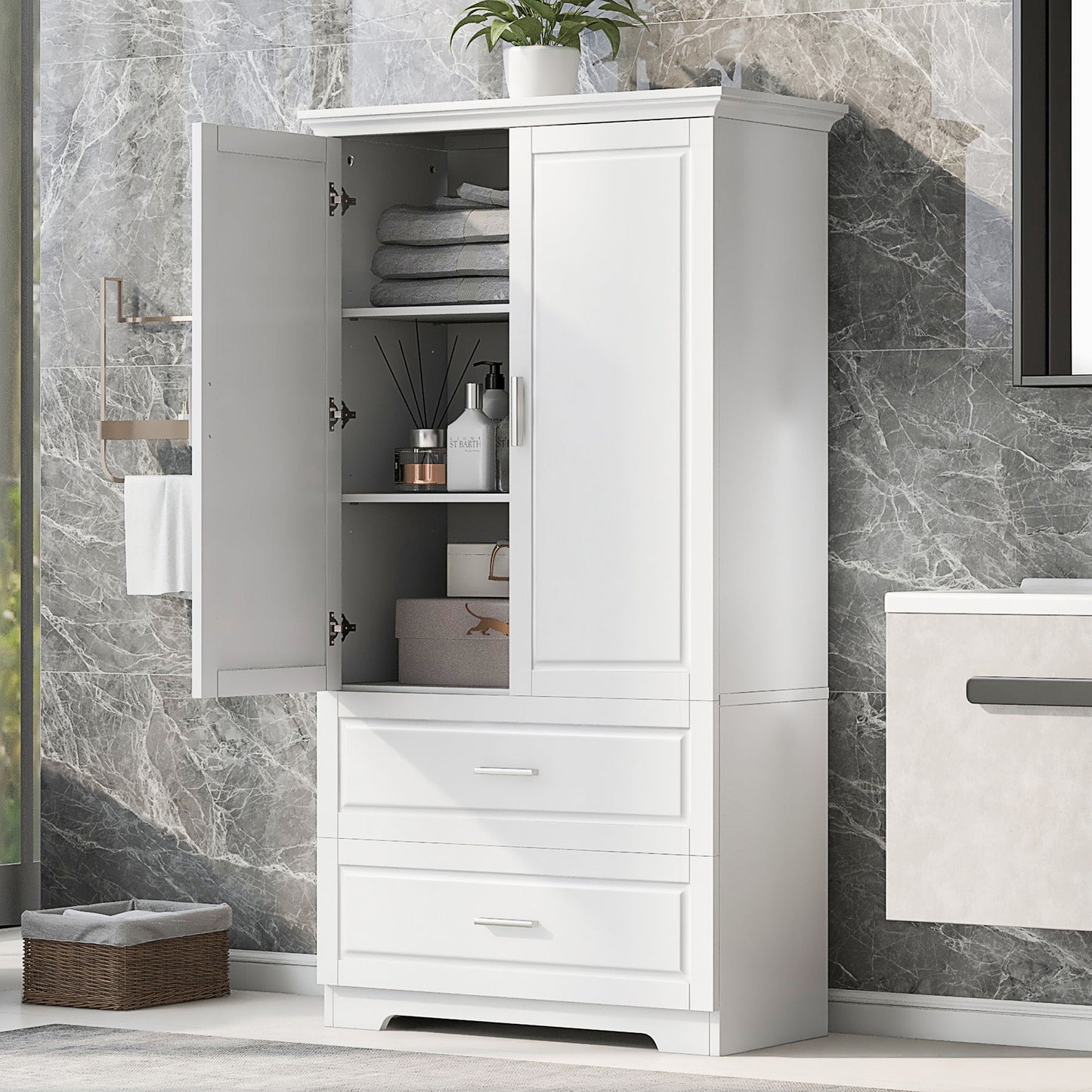 Tall Bathroom Storage Cabinet, With Two Doors And Drawers, Adjustable Shelf, MDF Board - White