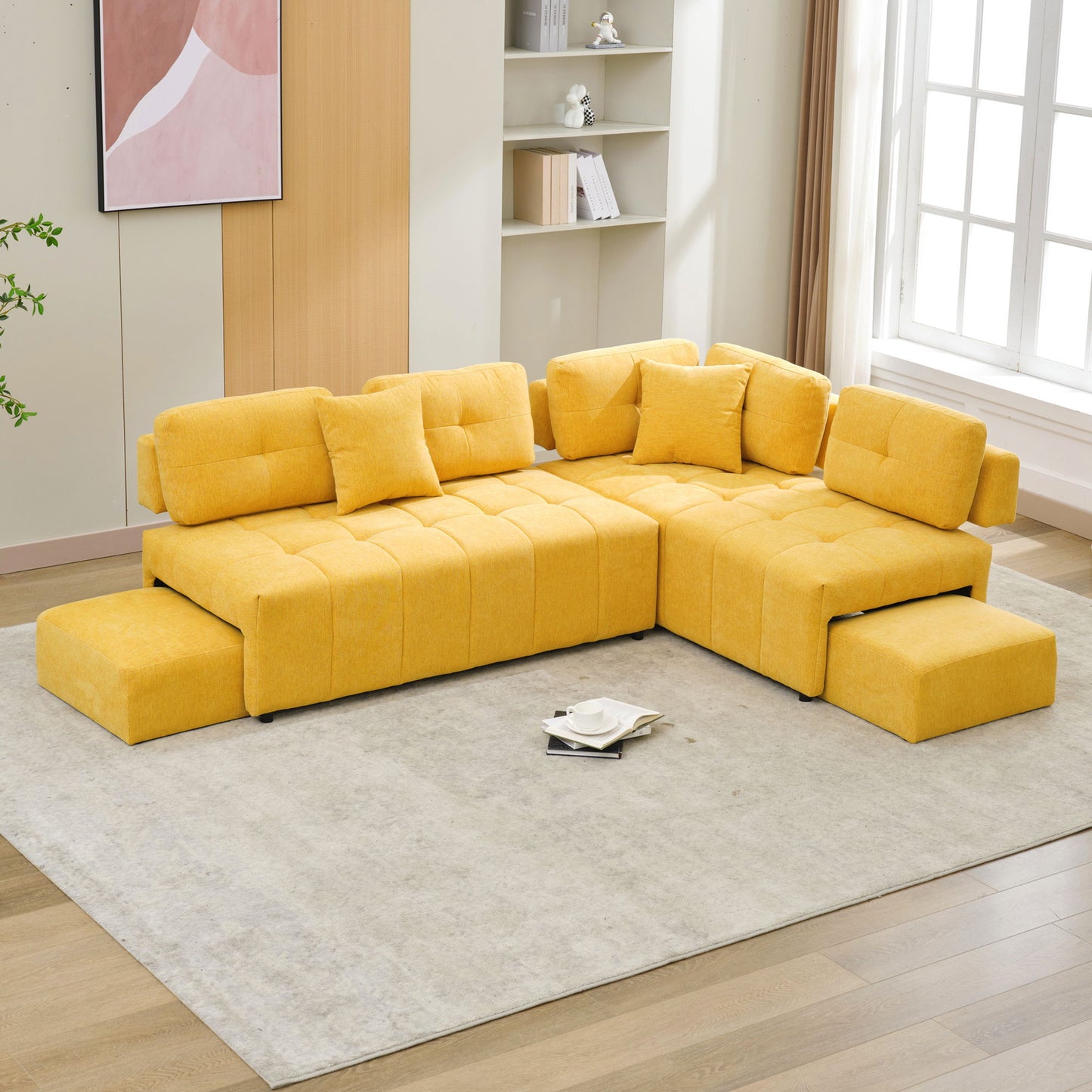 L-Shaped Sofa Sectional Sofa Couch With 2 Stools And 2 Lumbar Pillows For Living Room