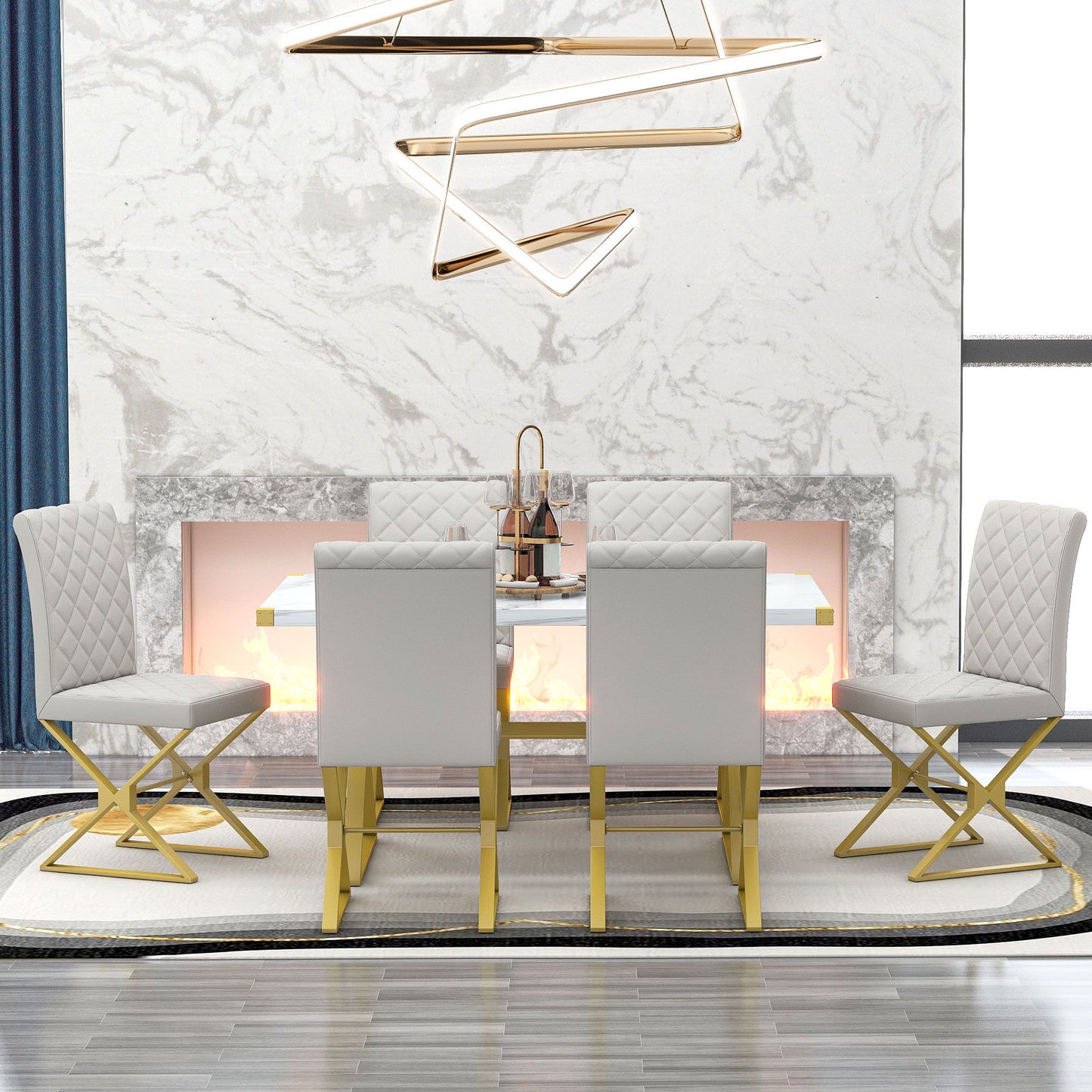 7 Piece Modern Dining Table Set, Rectangular Marble Texture Kitchen Table And 6 Chairs With X-Shaped Gold Steel Pipe Legs For Dining Room - White