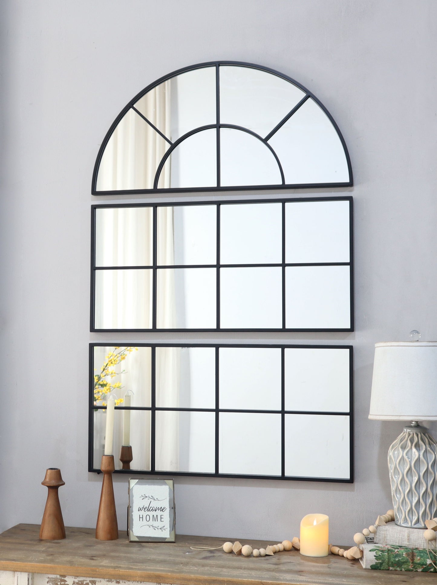 Large Arched Wall Mirror With Three Separate Sections - Black