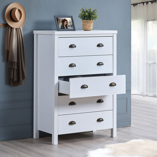 Safari - 5 Drawer Chest With Interlock Drawer Feature Drawer Slide And Interlock Pre-Assembly, Drawer Chest For Closet Tall Dressers For Bedroom Clothes Organizer Tool - Classic White