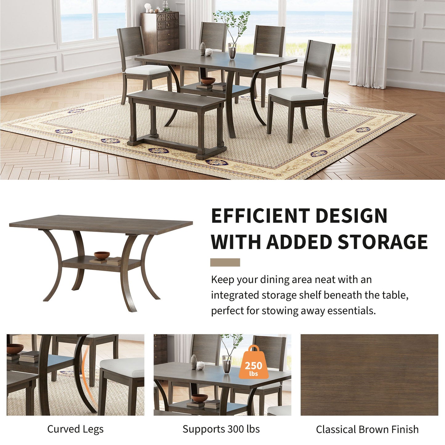 Topmax - 6 Piece Wood Dining Table Set With Storage Shelf And Curved Legs, Kitchen Table Set With Bench And 4 Removable Cushions Dining Chairs, Modern Style