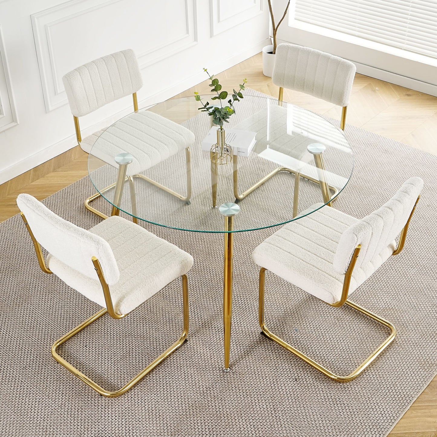 5 Piece Dining Room Set (Table With A Glass Round Table And Four Chairs, Transparent Tempered Glass Table Top, Gold-Plated Table Legs, Bow Chair Legs) - Gold / White