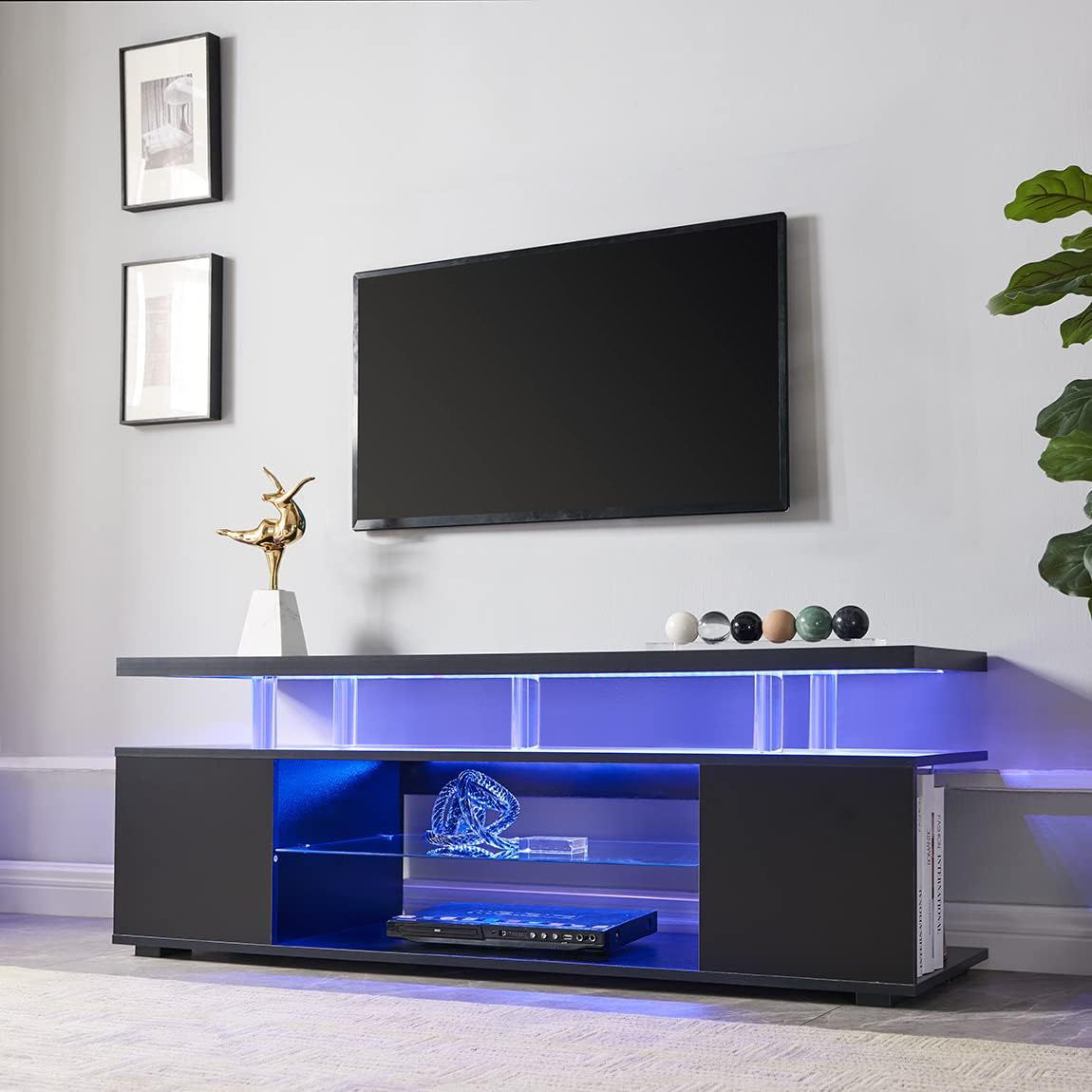 TV Stand LED Gaming Entertainment Center Media Storage Console Table With Large Side Cabinet For Living Room