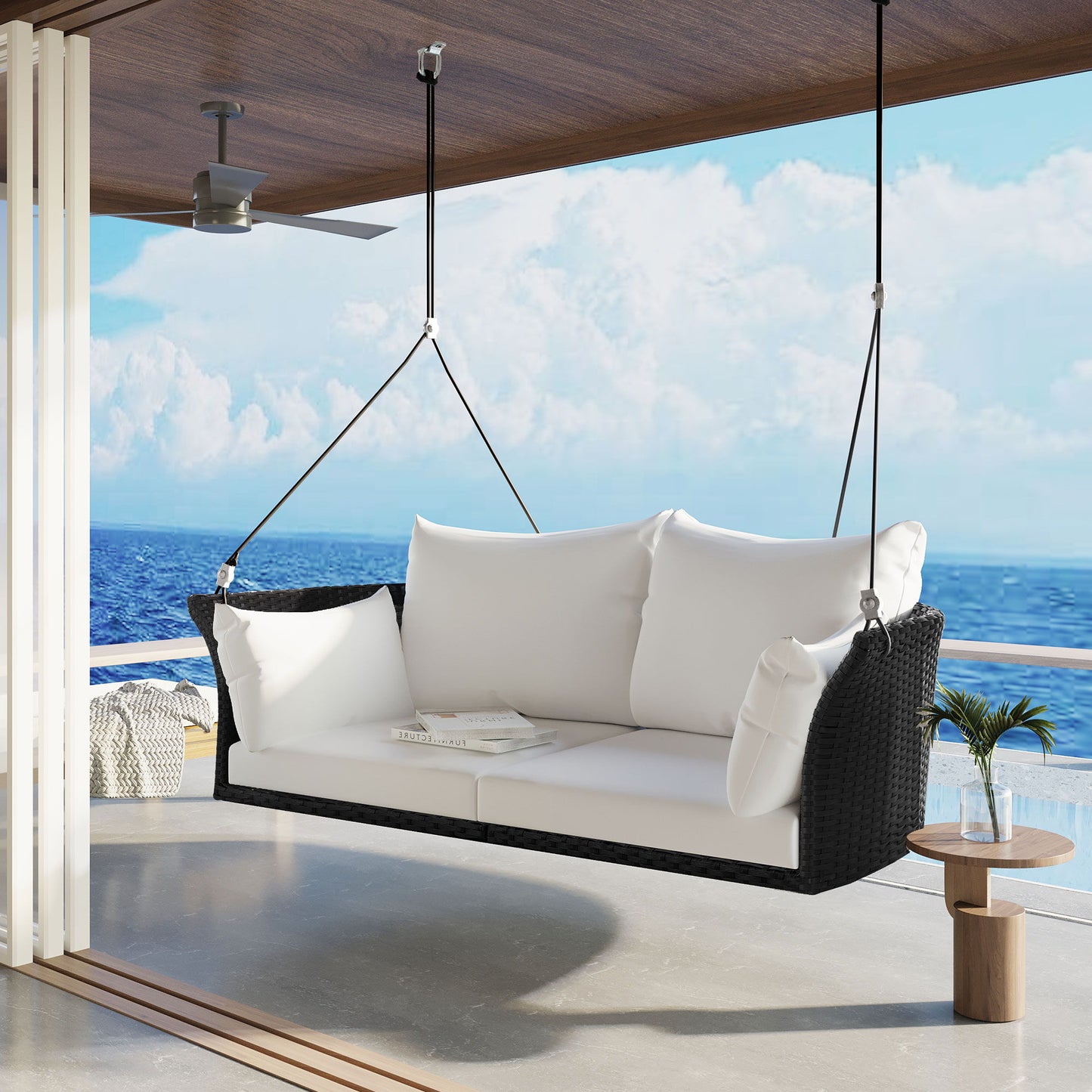 2 Person Hanging Seat, Rattan Woven Swing Chair, Porch Swing With Ropes