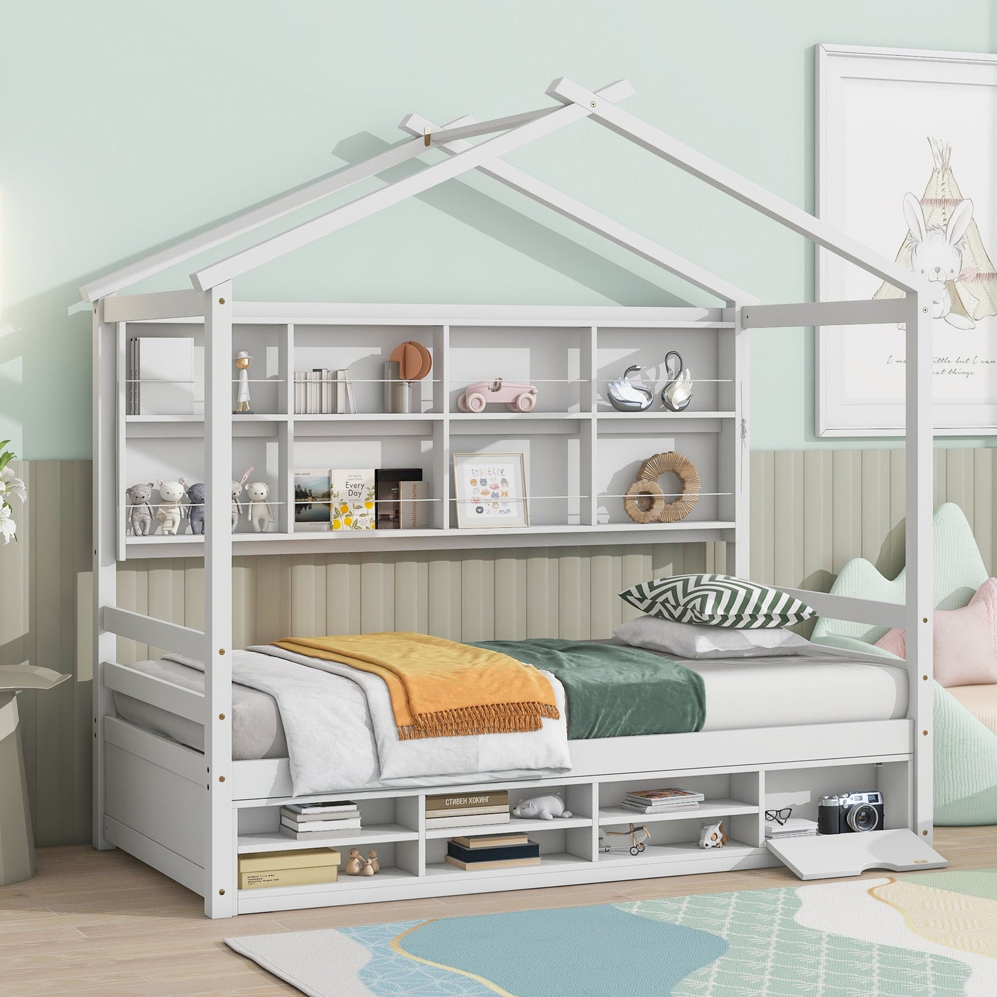 House Bed With Roof Frame, Bedside-Shelves, Under Bed Storage Unit