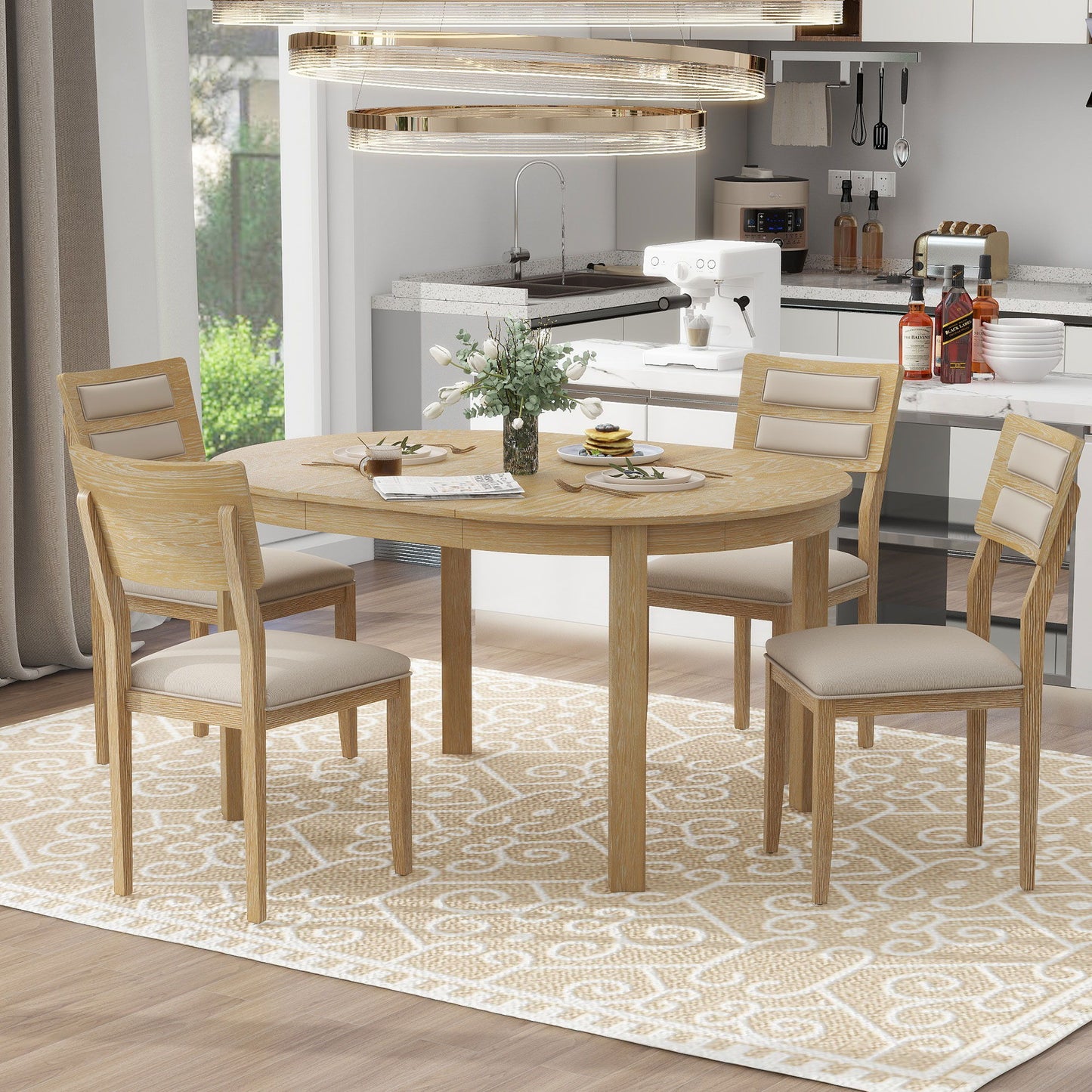 Multifunctional Dining Table Set, Farmhouse Dining Set With Extendable Round Table, Two Small Drawers And 4 Upholstered Dining Chairs For Kitchen And Dining Room