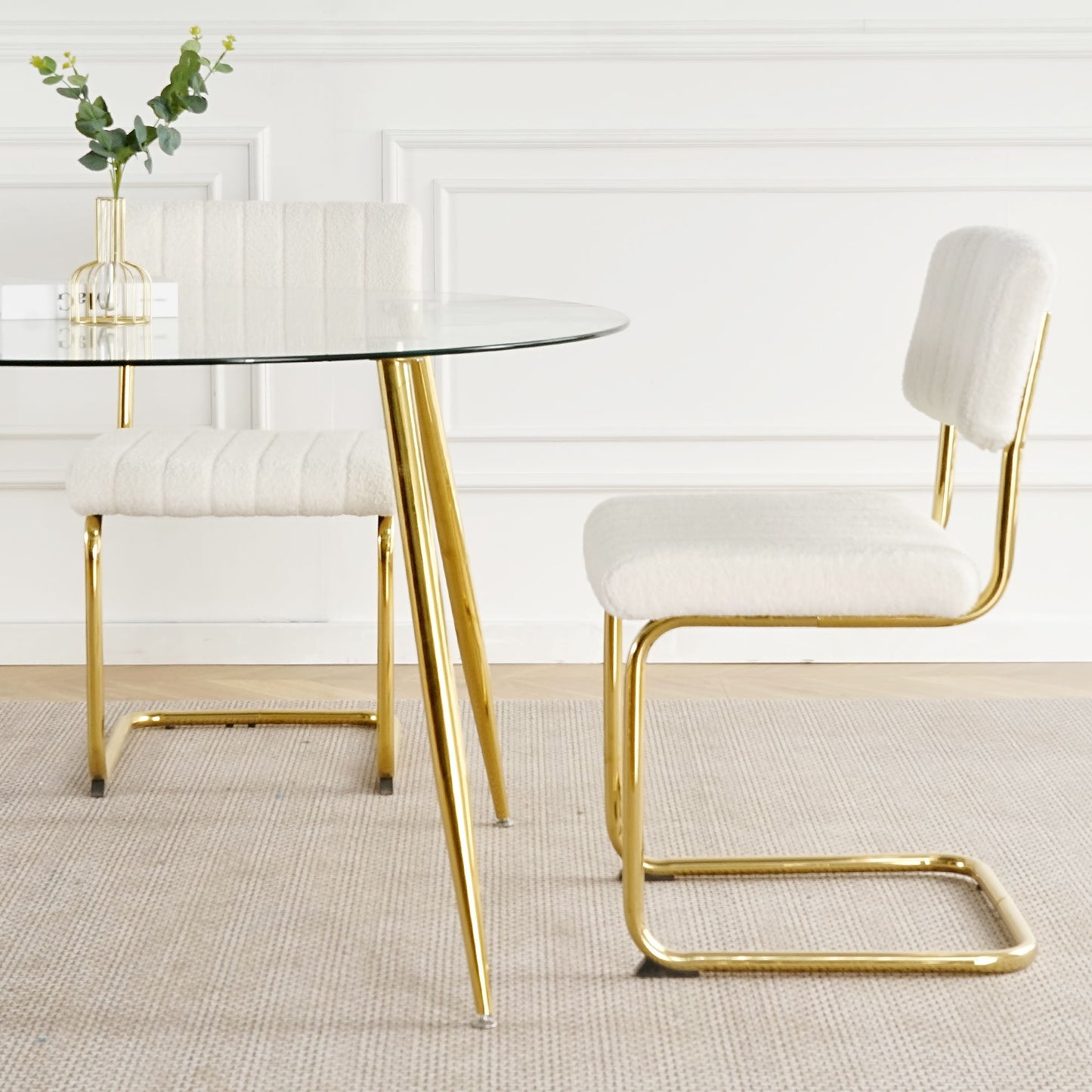 5 Piece Dining Room Set (Table With A Glass Round Table And Four Chairs, Transparent Tempered Glass Table Top, Gold-Plated Table Legs, Bow Chair Legs) - Gold / White