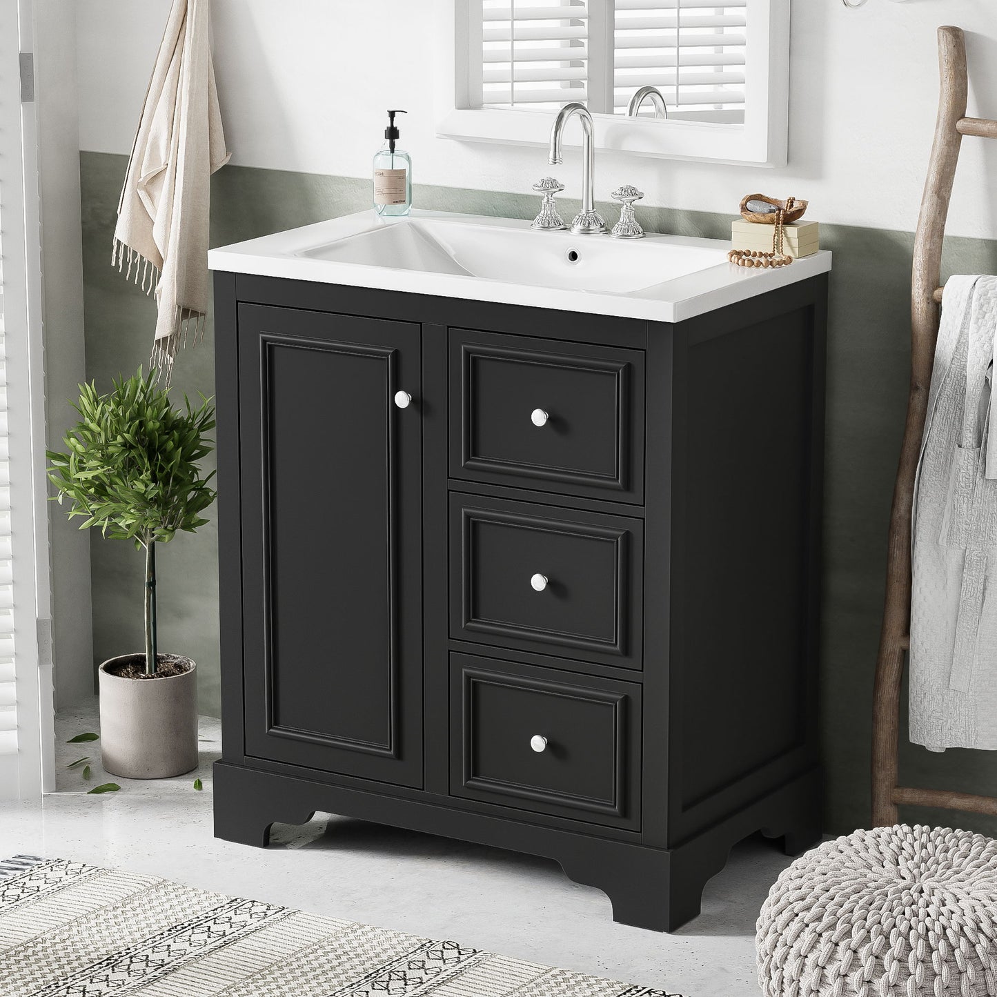 Bathroom Vanity Cabinet With Ceramic Basin, 3 Drawers And Adjustable Shelves