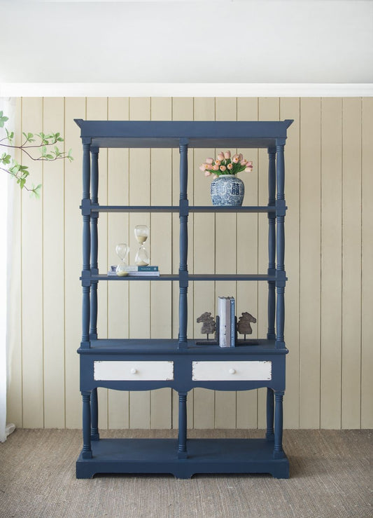 Four Tiered Wooden Shelf With Two Drawers, Farmhouse Wood Bookcase Display Storage Shelf Etageres - Antique Navy Blue