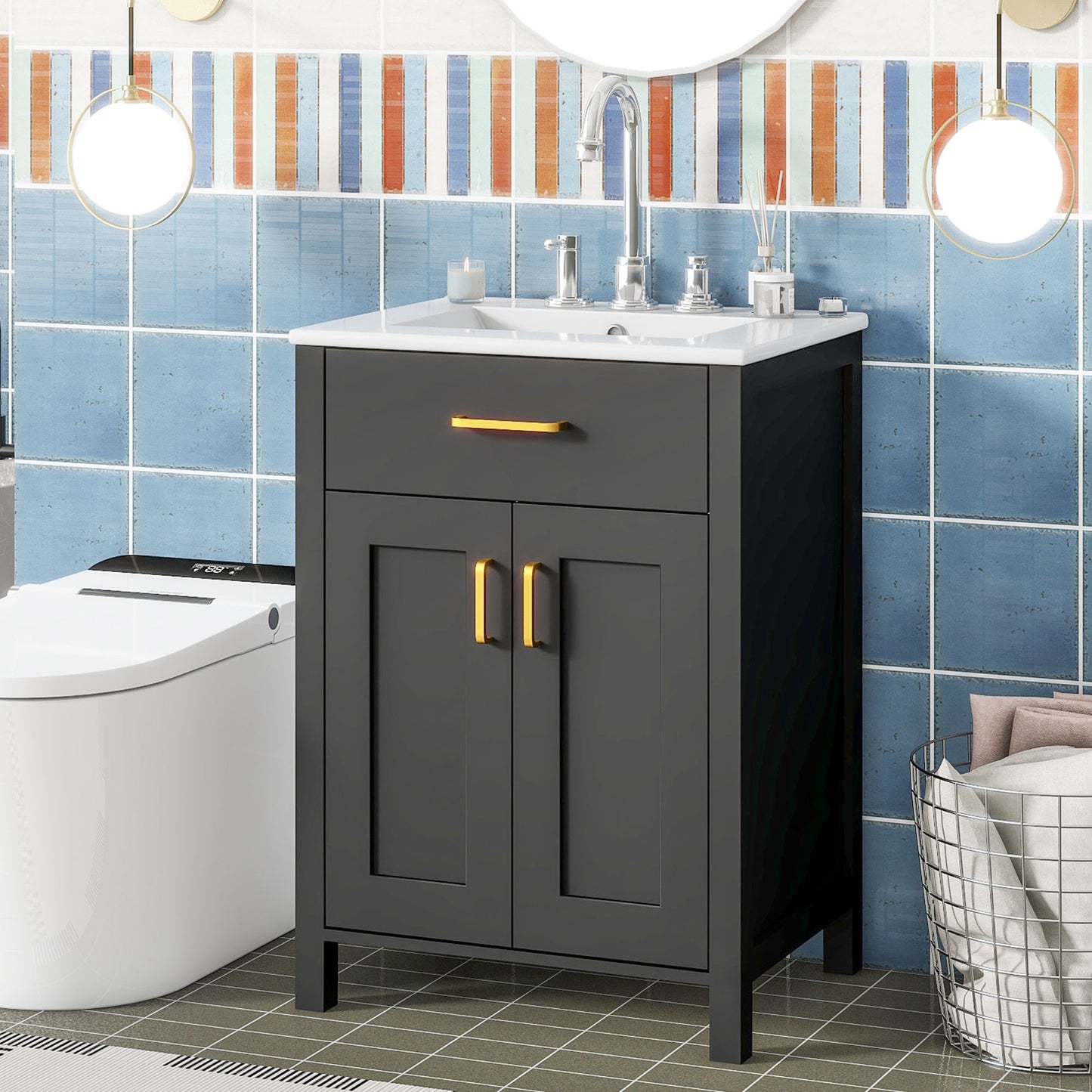 Bathroom Vanity Combo With Ceramic Sink, Luxurious Space-Saving Vanity, 2 Soft Close Doors