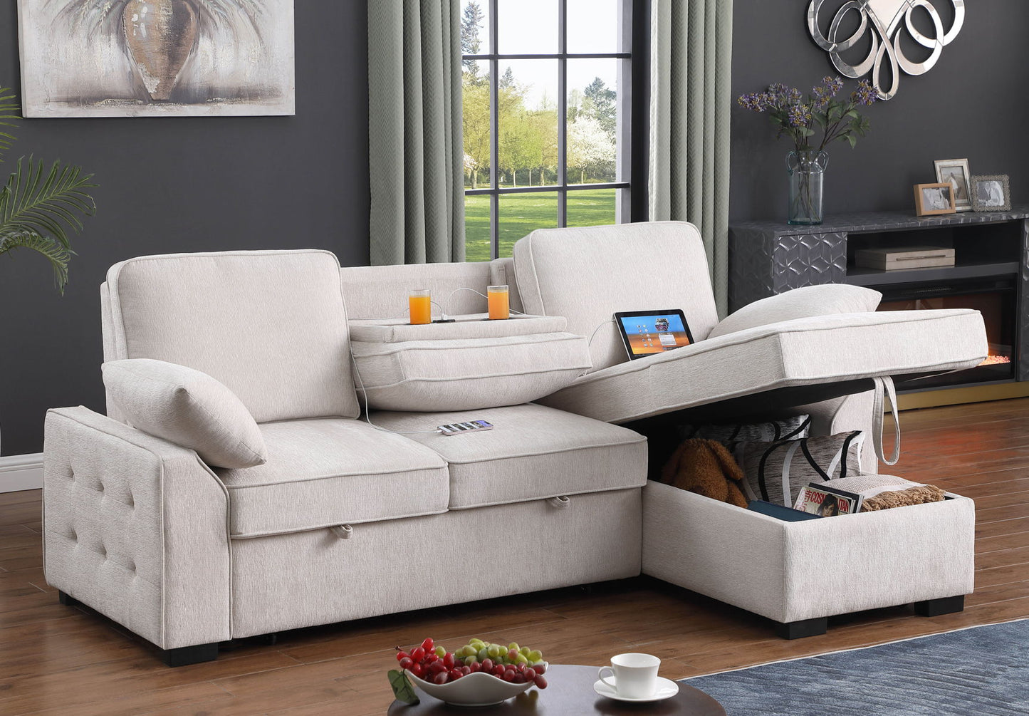 Mackenzie - Chenille Fabric Sleeper Sectional With Right-Facing Storage Chaise