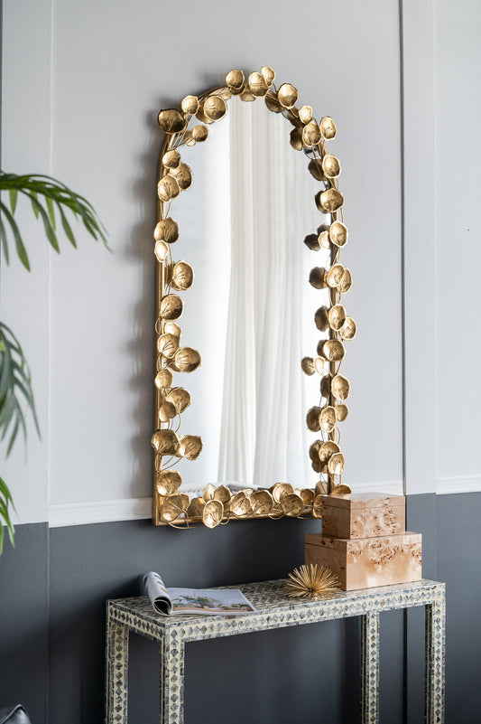 Full Length Arched Wall Mirror With Leaf Accents, Decorative Mirror For Living Room Bedroom - Golden