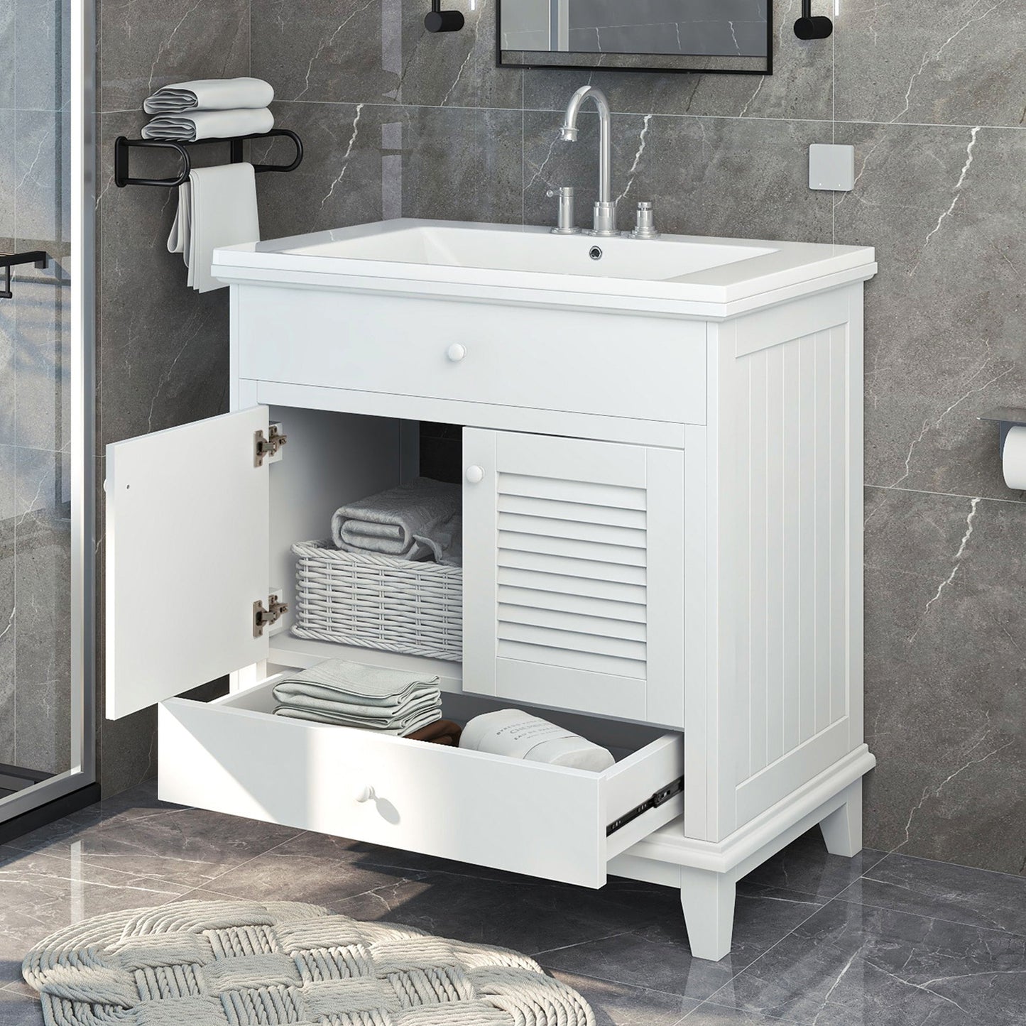 Bathroom Vanity With Sink, Bathroom Cabinet With Two Doors And One Drawer, White