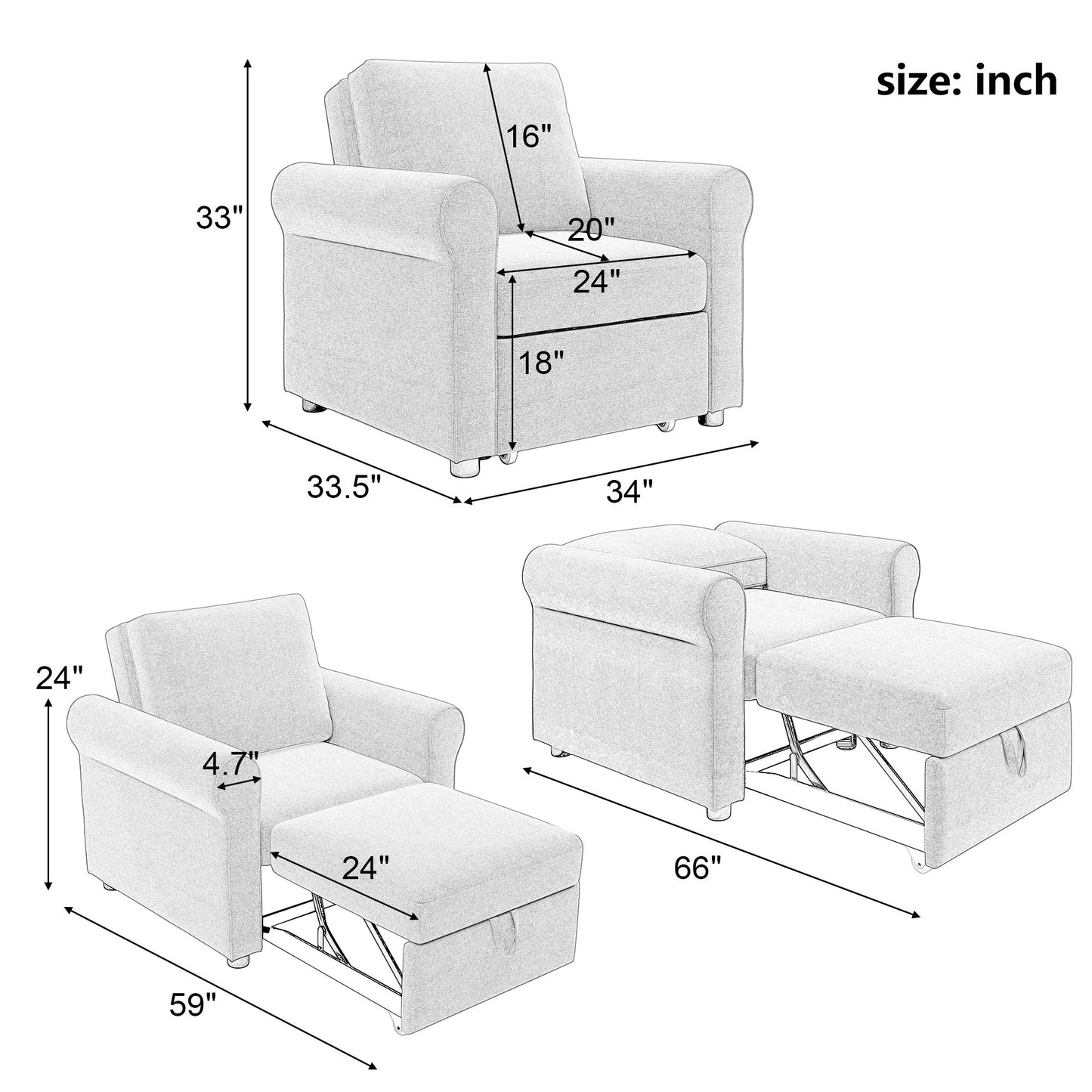 3 In 1 Sofa Bed Chair, Convertible Sleeper Chair Bed, Adjust Backrest Into A Sofa, Lounger Chair, Single Bed, Modern Chair Bed Sleeper For Adults