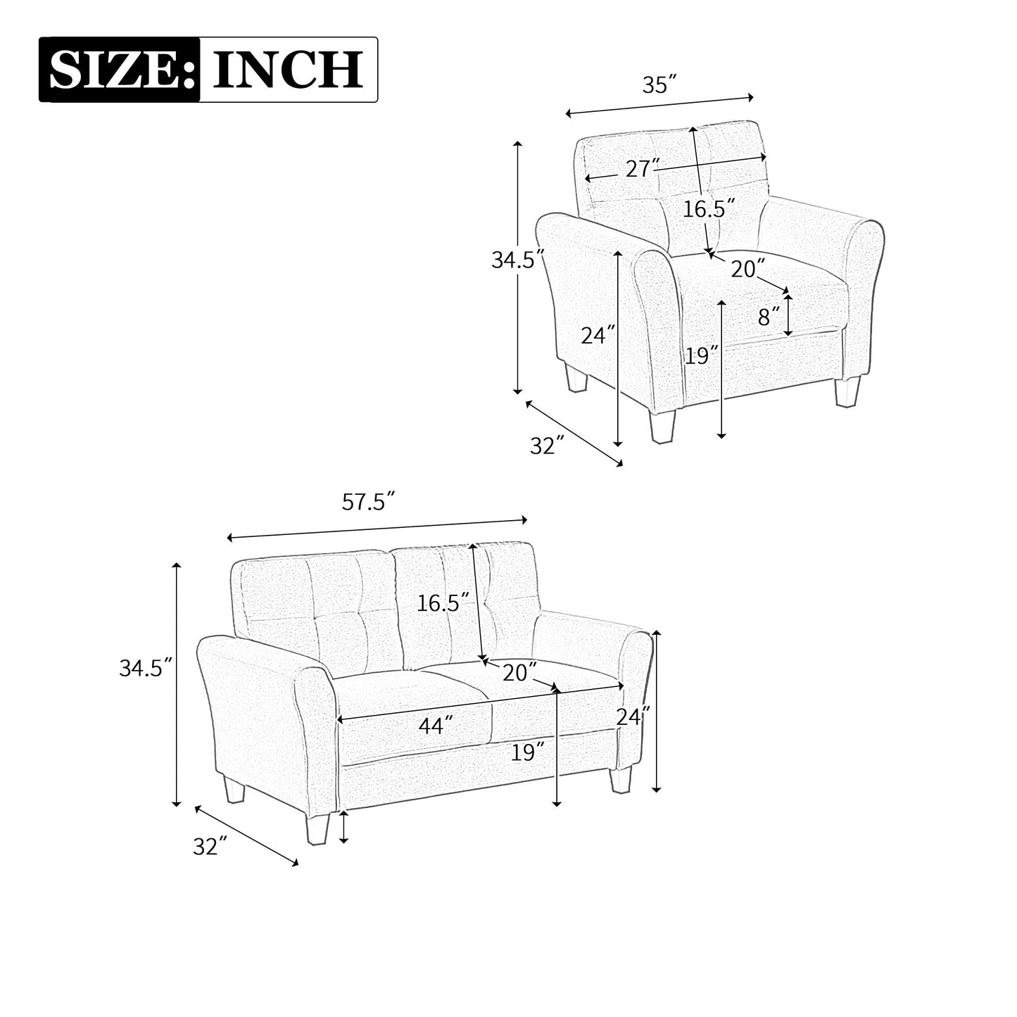 Modern Living Room Sofa Set Linen Upholstered Couch Furniture For Home Office