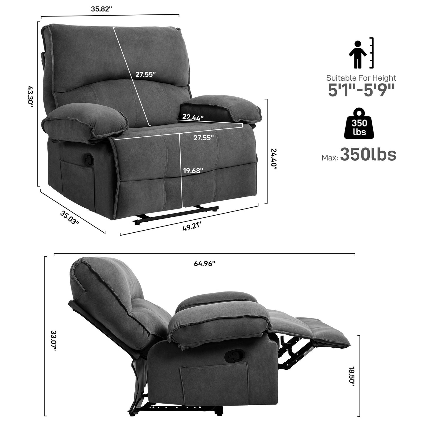 Oversized Manual Recliner Chair Sofa For Living Room