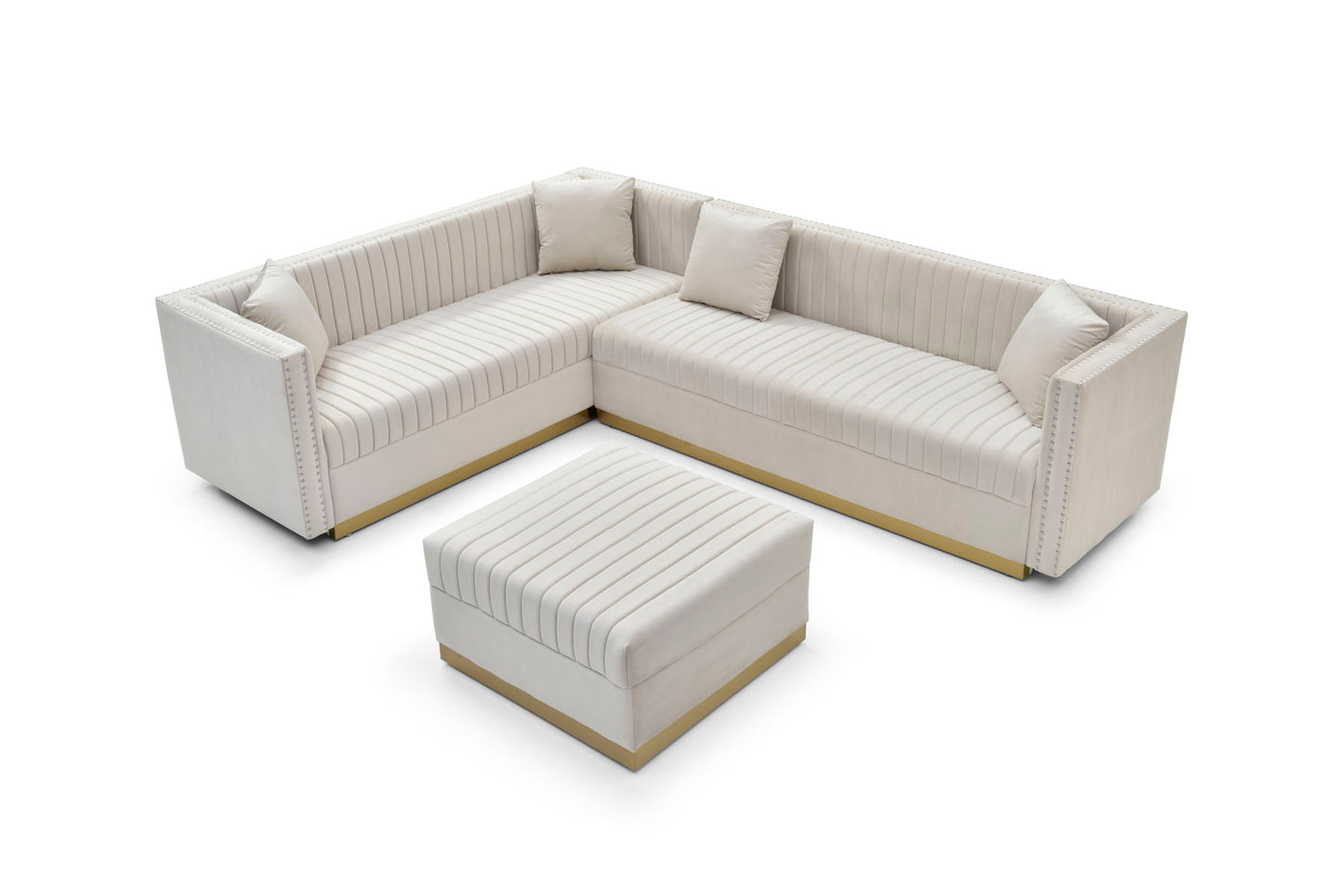 Contemporary Vertical Channel Tufted Velvet Sectional Sofa For Living Room Apartment With Ottoman And 4 Pillows