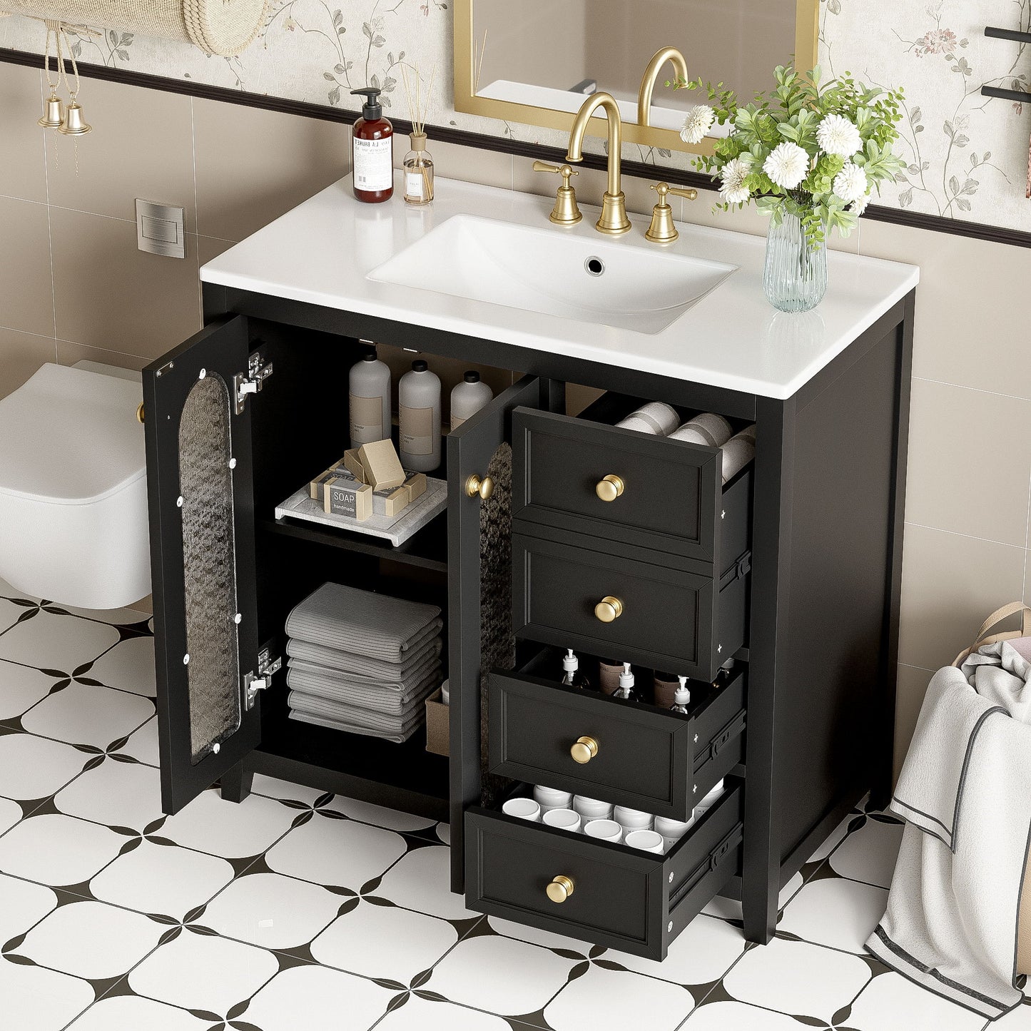 Bathroom Vanity With Two Soft Close Doors, Adjustable Shelves And Three Drawers