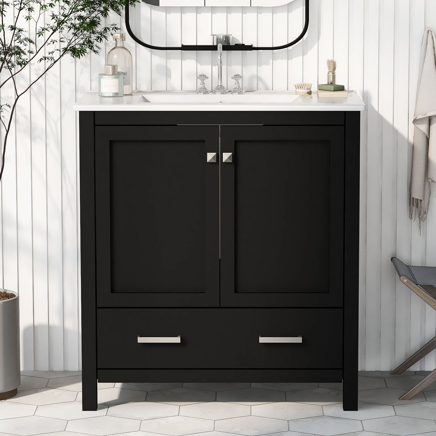 Bathroom Vanity With Single Sink, Combo Cabinet Undermount Sink, Bathroom Storage Cabinet With Two Doors And A Drawer, Soft Closing, Multifunctional Storage, Solid Wood Frame