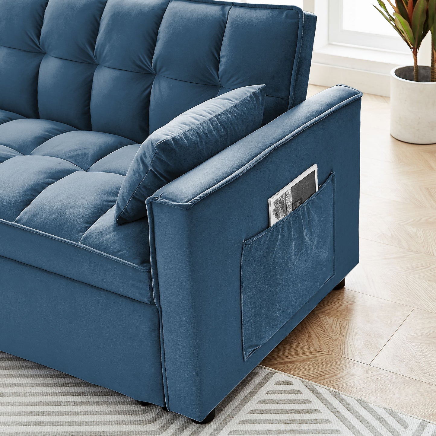 Modern Convertible Sleeper Sofa Couch With Pull Out Bed With Pillows & Side Pockets For Small Space, Living Room - Peacock Blue