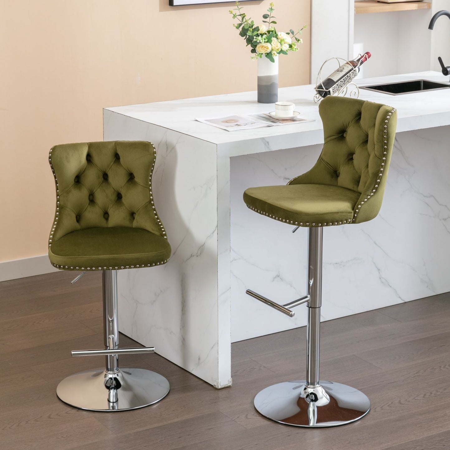 Swivel Velvet Barstools Adjusatble Seat Height From 25-33", Modern Upholstered Chrome Base Bar Stools With Backs Comfortable Tufted For Home Pub And Kitchen Island (Set of 2)