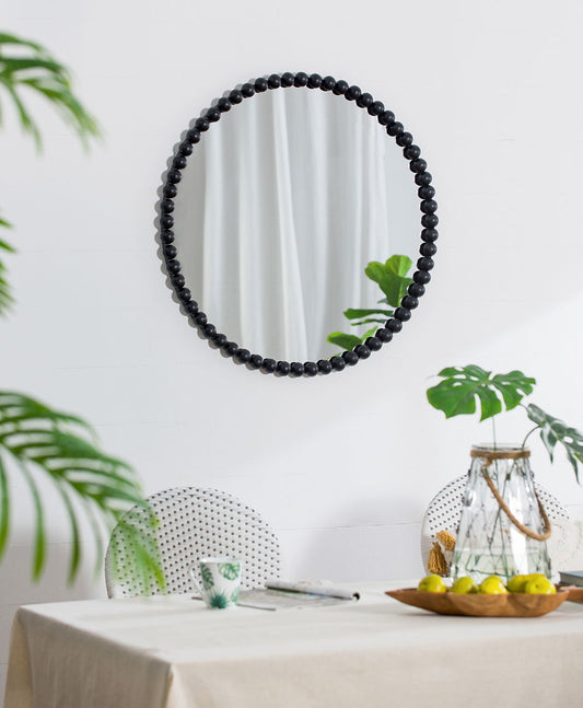 Circle Mirror With Metal Beaded Frame, Wall Mirror For Living Room Bedroom Entryway - Black