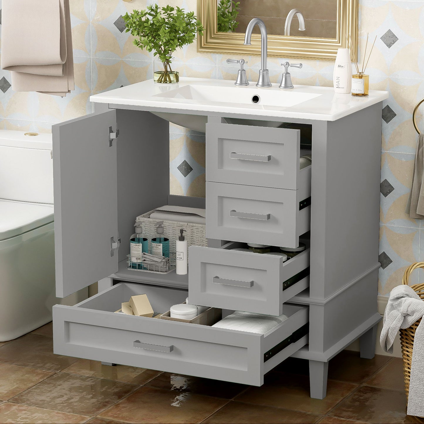 Bathroom Vanity, Modern Bathroom Cabinet With Sink Combo Set, Bathroom Storage Cabinet With A Soft Closing Door And 3 Drawers, Solid Wood Frame