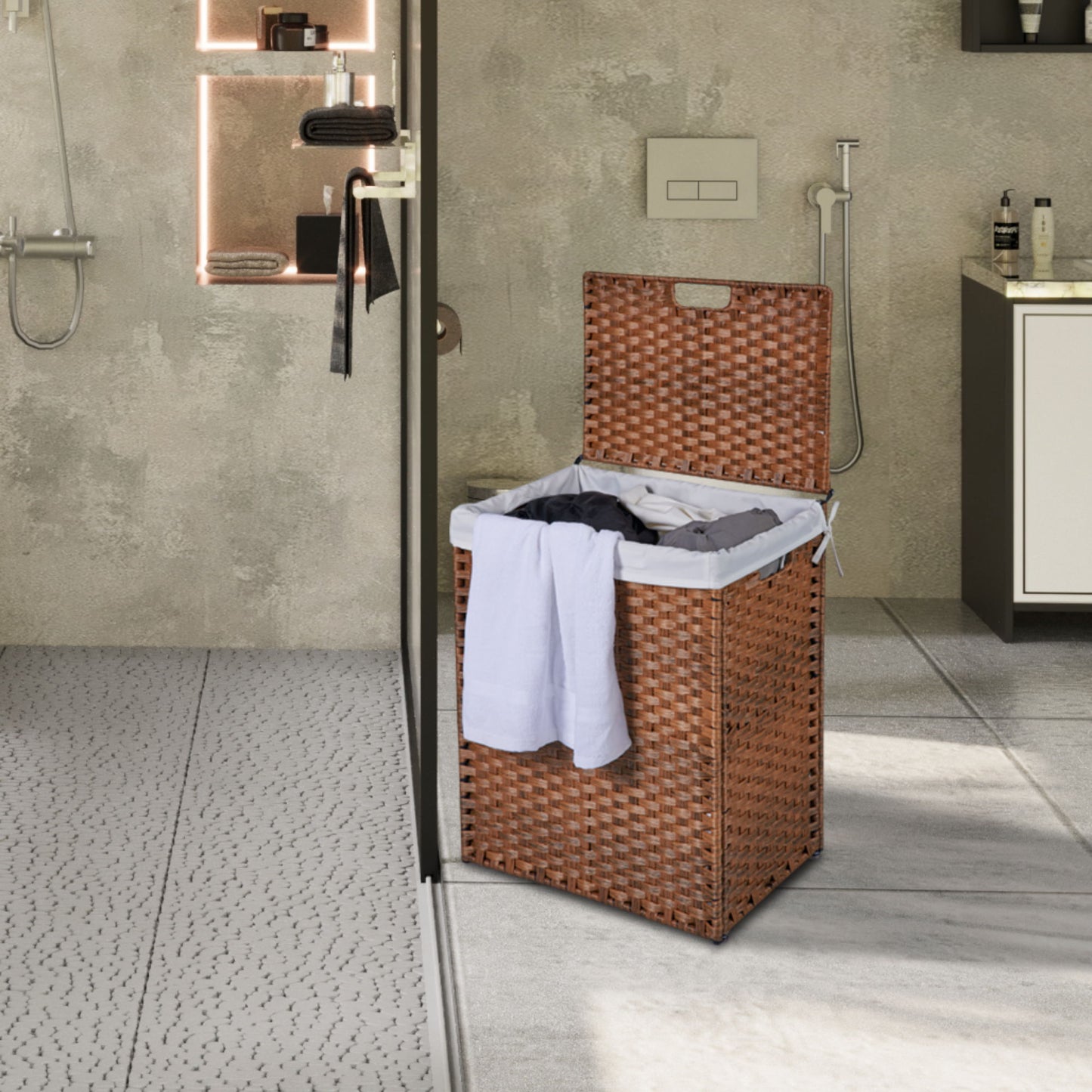 Laundry Hamper With Lid PE Rattan Powder Coating Frame Clothes Hampers With 2 Removable Bags