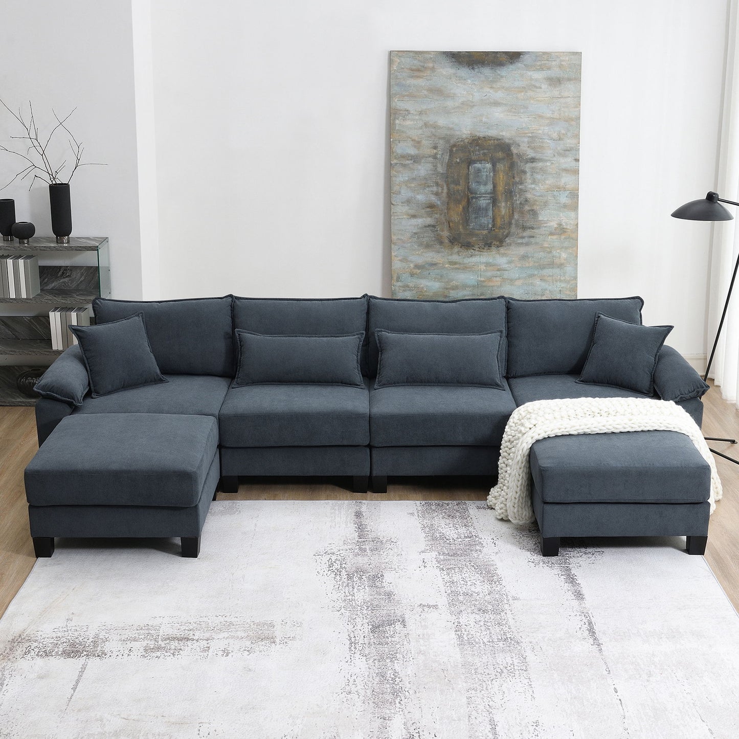 Corduroy Modular Sectional Sofa, U Shaped Couch With Armrest Bags, 6 Seat Freely Combinable Sofa Bed, Comfortable And Spacious Indoor Furniture For Living Room