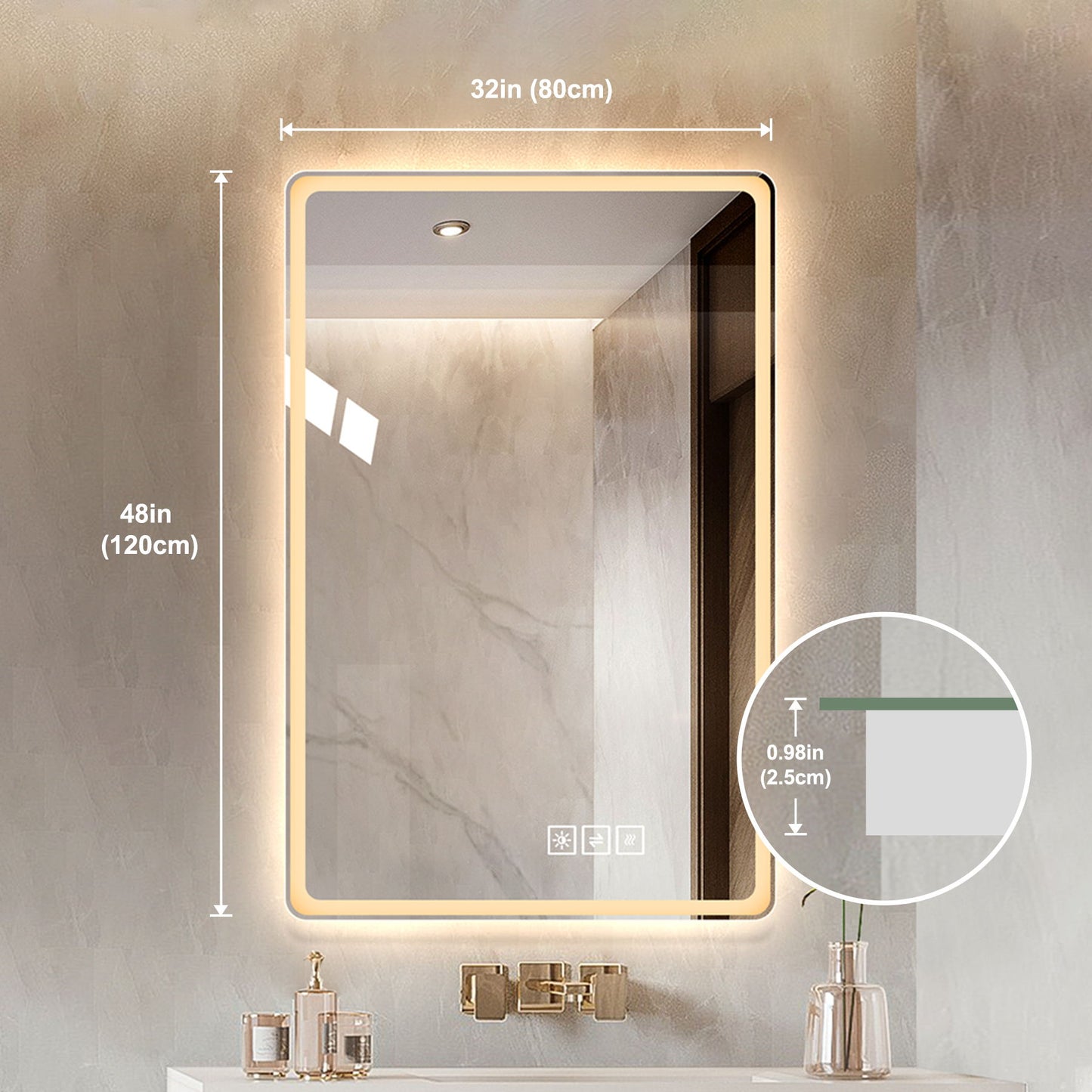 Bathroom Mirror With LED Lights, Anti-Fog Lighted Vanity Mirrors For Wall Mounted And 5 Level Dimmable, Horizontal / Vertical - Clear