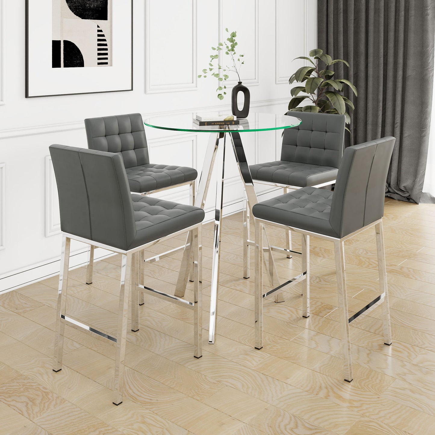 Stylish PU Fabric Design, Electroplated Metal Legs, Round Tempered Glass Table Top, Bar Chair Cover, Suitable For Bars, Restaurants, Bedroom Bar Chairs With Chrome Legs