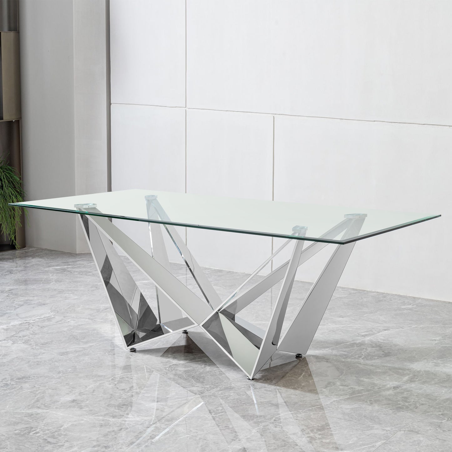 Clear Glass With Polished Stainless Steel Base Dining Table - Silver