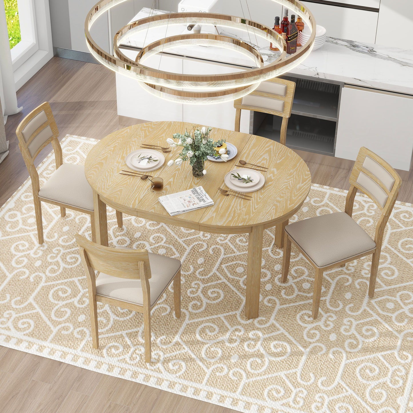 Multifunctional Dining Table Set, Farmhouse Dining Set With Extendable Round Table, Two Small Drawers And 4 Upholstered Dining Chairs For Kitchen And Dining Room