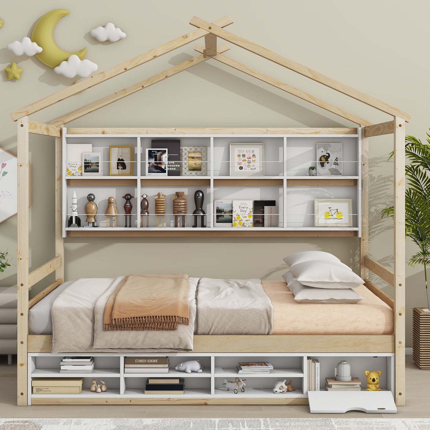 House Bed With Roof Frame, Bedside-Shelves, Under Bed Storage Unit