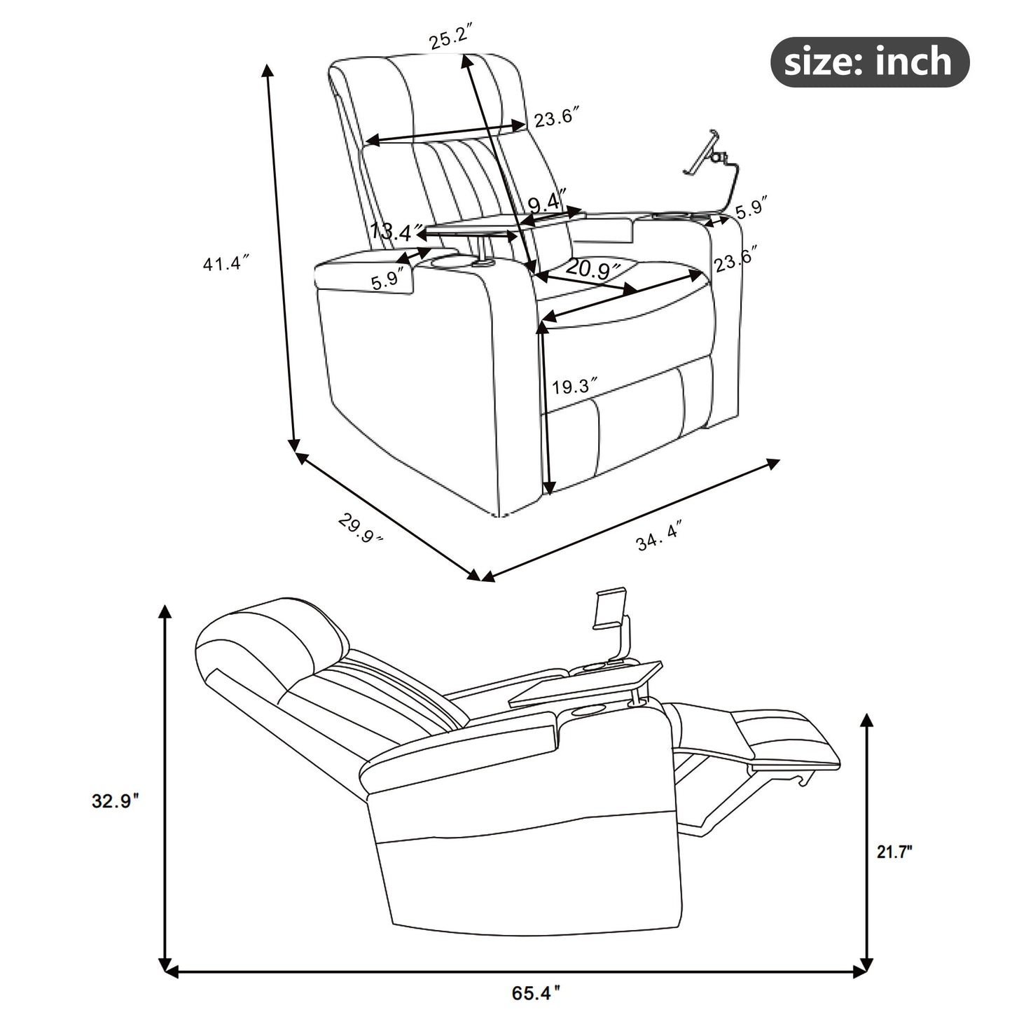 270 Degree Power Swivel Recliner, Home Theater Seating With Hidden Arm Storage And LED Light Strip, Cup Holder, 360 Degree Swivel Tray Table, And Cell Phone Holder, Soft Living Room Chair