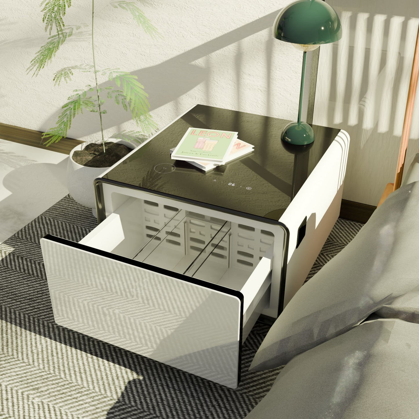 Modern Smart Side Table With Built-In Fridge, Wireless Charging, Temperature Control, Power Socket, USB Ports, Outlet Protection, Induction Light