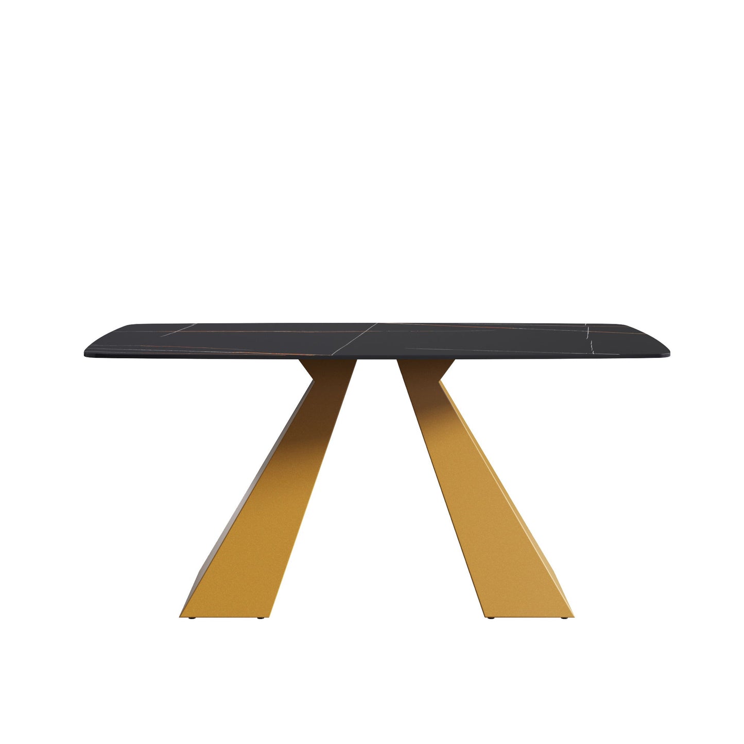 63" Artificial Stone Black Curved Golden Metal Leg Dining Table, 6 People - Black / Gold