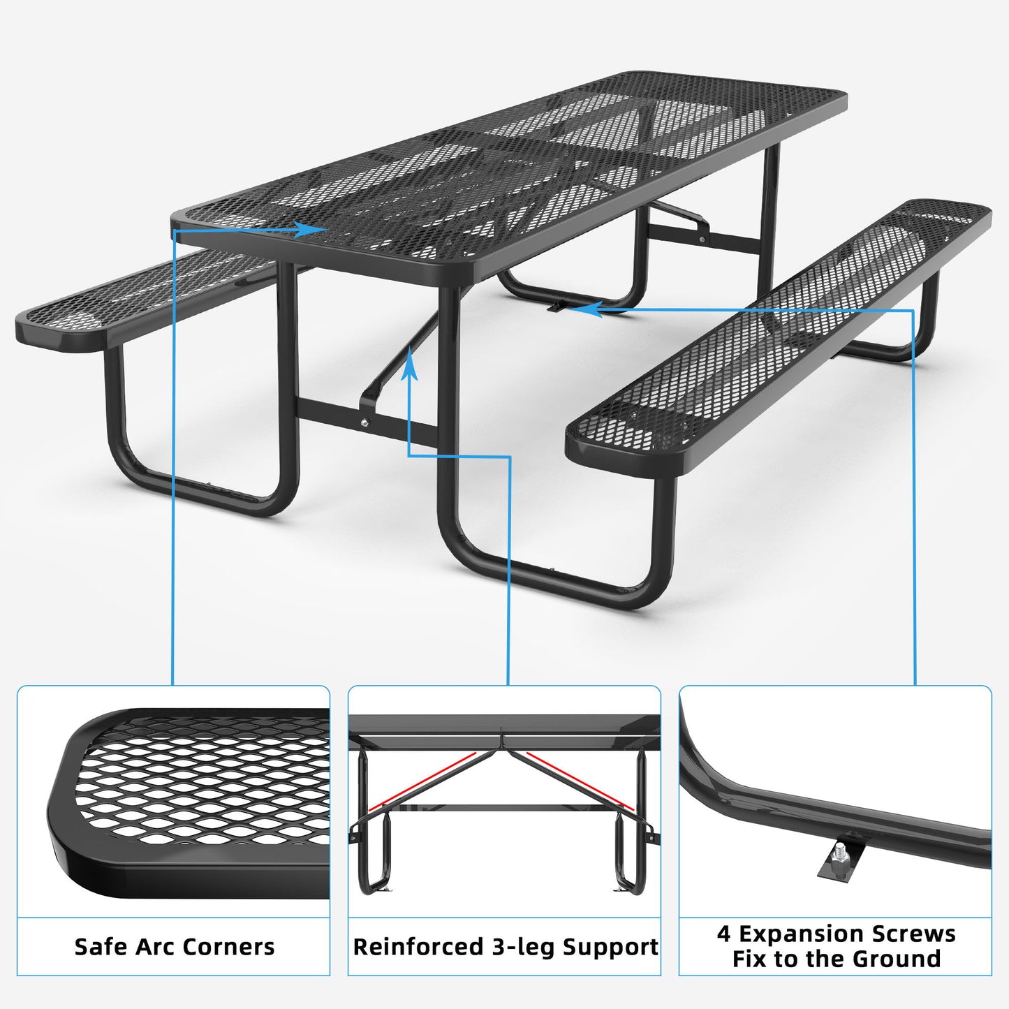 Metal Expanded Rectangular Picnic Table - Black